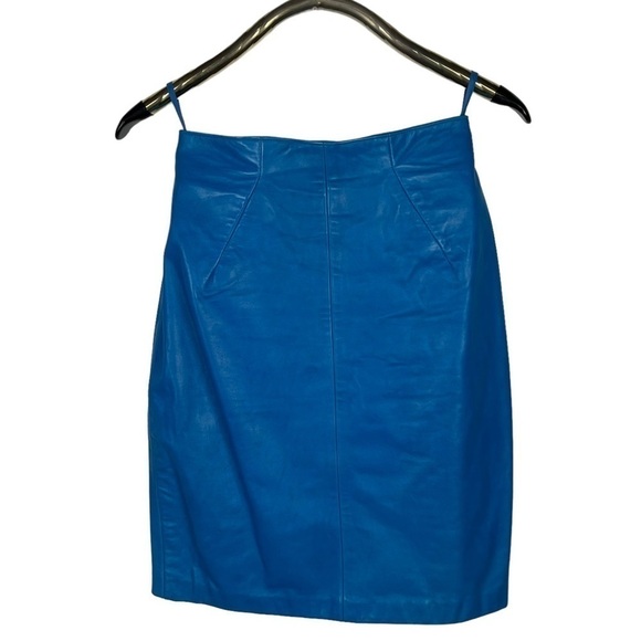 MICHAEL HOBAN NORTH BEACH VINTAGE 90S LEATHER BLUE CROP JACKET SKIRT SET SUIT - Picture 8 of 16